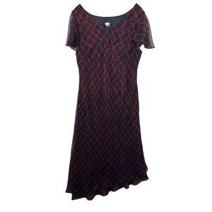 Vtg Virgo Womens Dress Sz 18 Red/Black Diamond Plaid Asymmetric Hem Flutter Slv